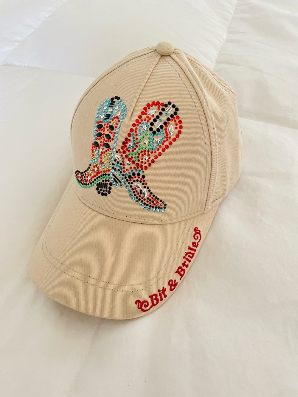 Bit & Bridle Baseball Hat Multicolor Rhinestone Cowboy Boots on Beige Cotton